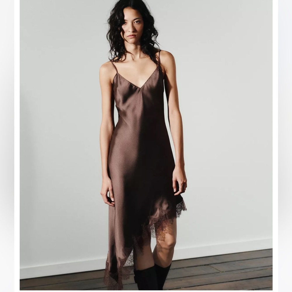 Zara NWT satin effect lace dress chocolate 8827/332